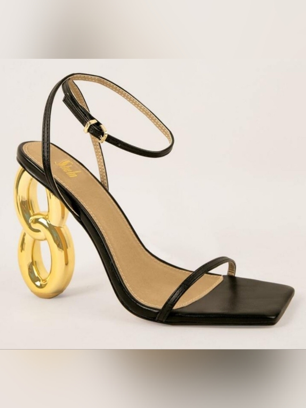 Black Ankle-Strap Sandal with Gold Sculptural Heel Sz 10 Like New